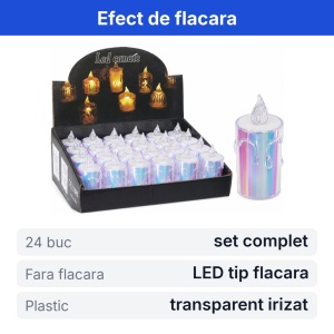 Set 24 lumanari LED decorative, plastic transparent, efect de flacara, 8x4cm - Img 2