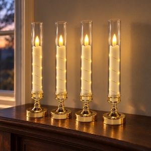 Set 4 lumânări LED decorative cu efect de flacără, suport auriu, 29 x 6,5 cm - Img 3