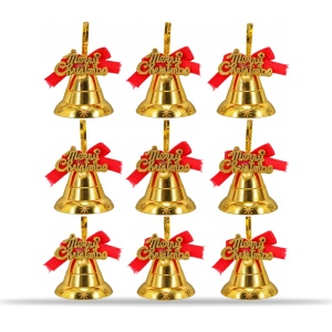 Set 9 buc Clopoței aurii de brad, fundiță roșie, plastic și PVC, 3,5 cm, aprox. 5,5×5,5 cm - Img 7