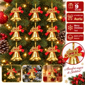 Set 9 buc Clopoței decorativi brad de Crăciun, fundiță roșie, plastic și PVC, 3,5 cm, 5,5x5,5 cm