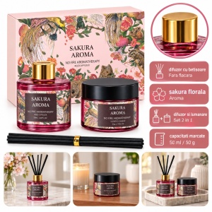 Set cadou lumânare parfumată și difuzor cu bețișoare, parfum Sakura, 20 × 14 cm