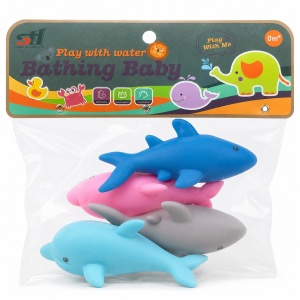 Set de 4 animalute de apa pentru baie copii, delfini si rechini colorati, 13 cm