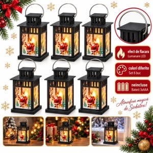 Set de 6 Felinare decorative de Crăciun cu LED, negru, din plastic, 15x8cm