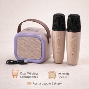 Set karaoke portabil cu 2 microfoane wireless si boxa Bluetooth, model K12, roz - Img 2