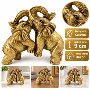 Statuetă decorativă cu doi elefanți, ceramică aurie, aprox. 9 × 9,5 cm