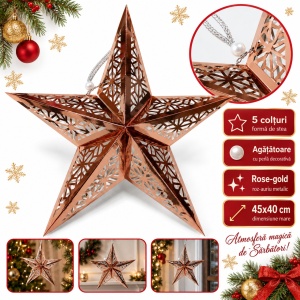 Stea decorativă de Crăciun, rose-gold, plastic și PVC, cu agățătoare, aprox. 45x40 cm