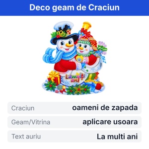 Sticker decorativ de Craciun cu oameni de zapada, pentru geam sau vitrina, text La multi ani - Img 2