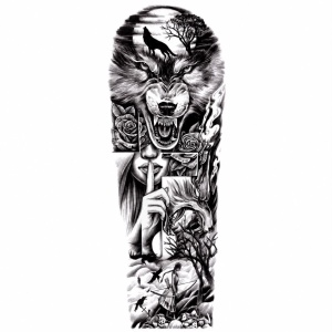 Tatuaj Semipermanent cu Lup, Siluetă Feminină și Elemente Gotice – 45 cm