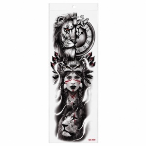Tatuaj Temporar Semipermanent Leu, Războinică și Ceas – Design Realist Premium, 45 cm