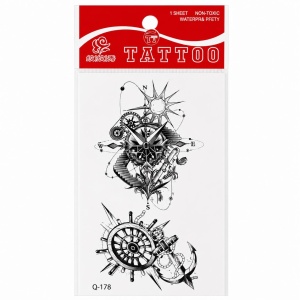 Tatuaj Temporar Semipermanent Nautic Busolă, Timonă și Ancoră 10 cm – Design Maritim Alb-Negru