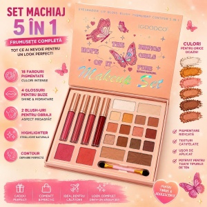 Trusă de Machiaj 5 în 1, 18 Farduri, 4 Glossuri, Blush, Highlighter și Contur, Set Cadou - Img 2