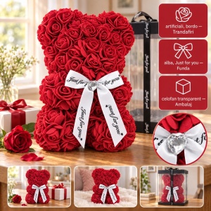 Ursuleț din trandafiri artificiali bordo, cu fundă albă „Just for you”