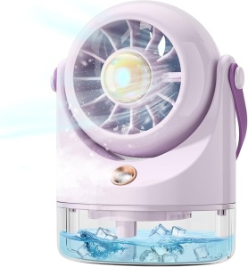 Ventilator portabil cu pulverizare apa si rezervor, 3 trepte viteza, lumina LED, USB, mov