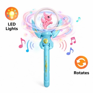 Bagheta magica interactiva pentru copii cu lumini si sunete, rotire, model ponei, albastru, 36 cm