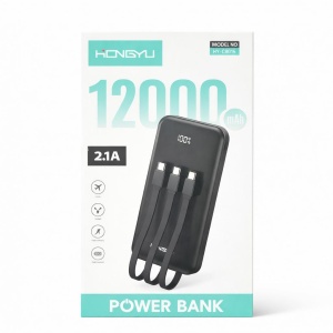 Baterie externă Hongyu 12000 mAh cu cabluri integrate și display LED, încărcare rapidă 2.1A, negru - Img 2