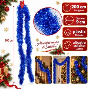 Beteală de Crăciun albastră sclipitoare, plastic, diametru 9 cm, lungime 2 m