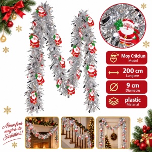 Beteală de Crăciun cu Moș Crăciun, argintie, 200 cm x 9 cm, plastic - Img 5