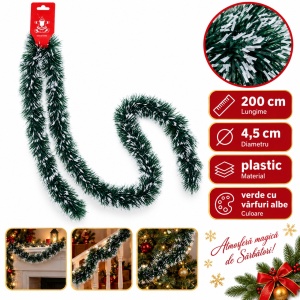 Beteală de Crăciun pentru brad, verde cu vârfuri albe, plastic, 200 cm, Ø 4,5 cm