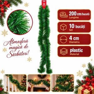 Beteală de Crăciun pentru brad, verde, plastic, 200 cm, diametru 8 cm
