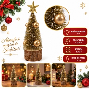 Brad decorativ cu LED de Craciun, auriu glitter, baza lemn natural, 24 cm - Img 5