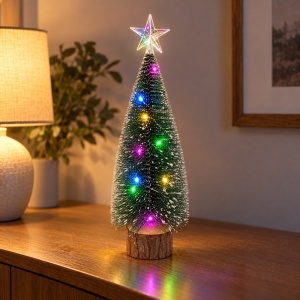 Brad decorativ cu leduri multicolore, bază din lemn, 24 cm - Img 4
