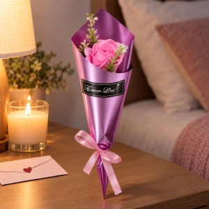 Buchet decorativ cu trandafir roz din sapun, cu funda satinata, 35 cm - Img 3