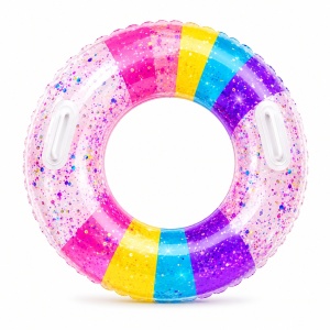 Colac gonflabil curcubeu pentru copii, 90 cm, cu manere, ideal piscina si mare - Img 3