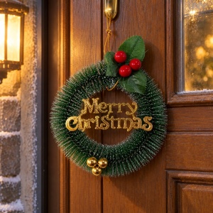Coroniță de Crăciun Merry Christmas, verde, plastic, 15 cm, aprox. 21 × 17 cm cu decor - Img 3