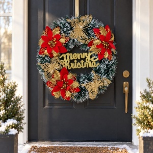 Coroniță decorativă de Crăciun cu flori roșii și fluturași aurii glitter, 38x35 cm - Img 3