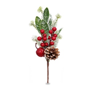 Crenguță decorativă cu con de pin, fructe roșii și efect de zăpadă, 30cm