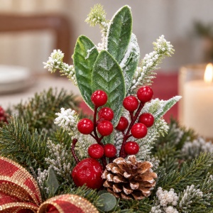 Crenguță decorativă cu con de pin, fructe roșii și efect de zăpadă, 30cm - Img 8