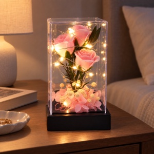 Cupolă cu trandafiri artificiali și lumină LED, roz, cu baterii, 16 cm - Img 4