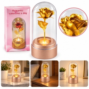 Cupola de sticla cu trandafir decorativ auriu, cu lumină și rotație, 15 x 7,5 cm