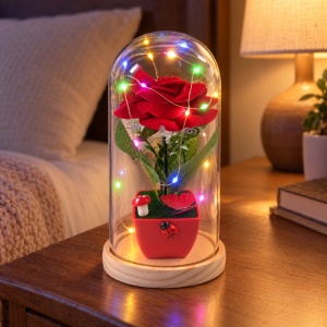 Cupolă decorativă cu trandafir roșu și leduri multicolore, suport din lemn, 20 cm - Img 3