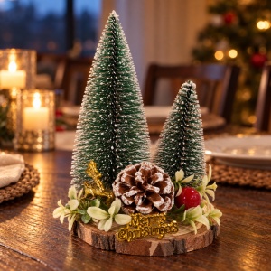 Decorațiune Crăciun de masă cu brăduți înzăpeziți pe bază din lemn natural, 16x9 cm - Img 3