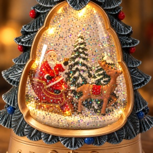 Decorațiune de Crăciun brăduț luminos și muzical, scenă cu Moș Crăciun și sanie, 24x10 cm - Img 4