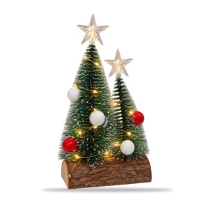 Decorațiune luminoasă de Crăciun cu 2 brăduți LED, suport lemn cu scoarță, buton ON/OFF, 29x14 cm - Img 2