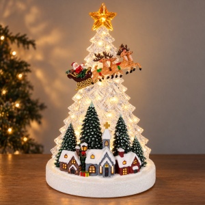 Decoratiune luminoasa de Craciun cu muzica, model cu bradut, peisaj de iarnă și sania Moșului, 27 cm - Img 6