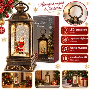 Felinar decorativ de Crăciun cu figurină Moș Crăciun, cu lumini LED si muzica, 29x14 cm