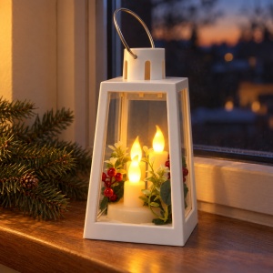 Felinar decorativ de Crăciun cu lumânări LED și decor floral, plastic alb, 24x9 cm - Img 3