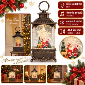 Felinar decorativ de Crăciun cu lumini LED si muzica, model cu Fulg de Nea Rotativ, 23x10 cm