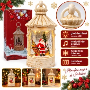 Felinar decorativ de Craciun cu Mos Craciun,cu lumini LED si muzica, crem, 23x9 cm