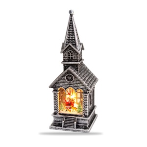 Felinar decorativ de Crăciun, formă de biserică, argintiu metalizat, pe baterii, 13x5,5 cm - Img 4