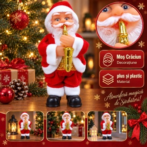 Figurină decorativă de Crăciun Moș Crăciun cu saxofon, pluș și plastic, 17 × 8 cm - Img 8