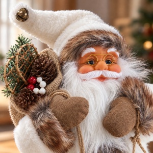 Figurină decorativă Moș Crăciun, cu sac în spate și săniuță, alb-maro, 65 cm - Img 4