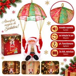 Figurină Moș Crăciun cu parașută, sunete și mișcare, 60 cm