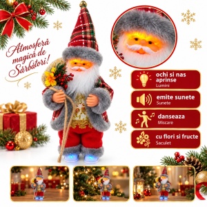 Figurină Moș Crăciun interactiv cu sunete, lumini și mișcări de dans, săculeț cu flori, 28x10 cm - Img 2