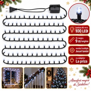 Instalatie de Craciun Liniara, 9 m, 100 LED-uri, Fir Negru, Alb Rece, Jocuri de Lumini
