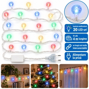Instalație LED cu globulețe, 4 m, 20 LED-uri, multicoloră, fir alb, interconectabilă - Img 5