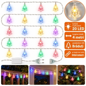 Instalație LED tip liniar, 4 m, 20 LED in forma de braduti, multicoloră, fir alb, interconectabilă